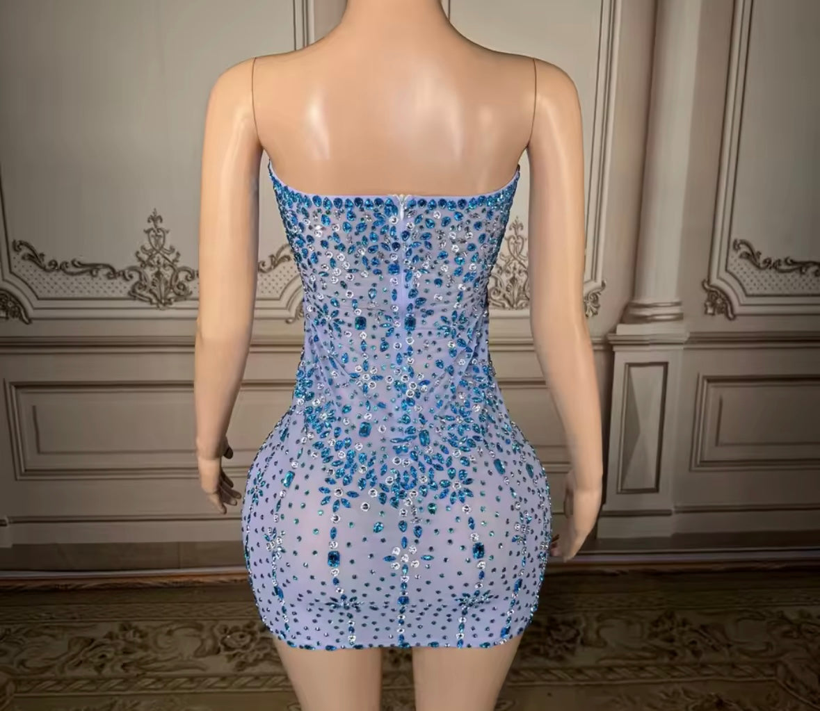 Sexy Blue Strapless Rhinestone Embellishment Short Dress