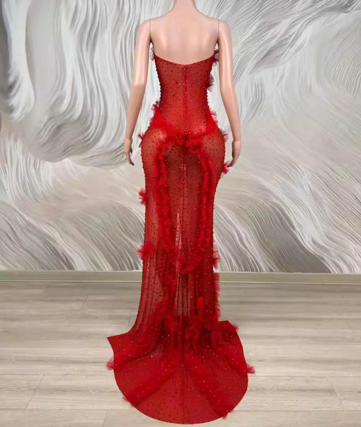 Sexy Strapless Ruffle Rhinestone See Through Side Split Maxi Dress