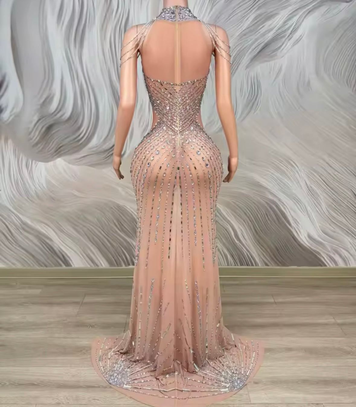 Sexy Sleeveless Chain Rhinestone Front Split Floor-Length Dress