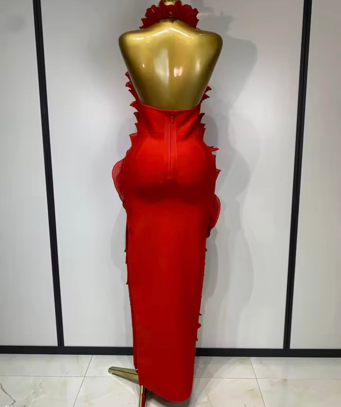 Red Sexy Halter Sleeveless Ruffled Maxi Dress