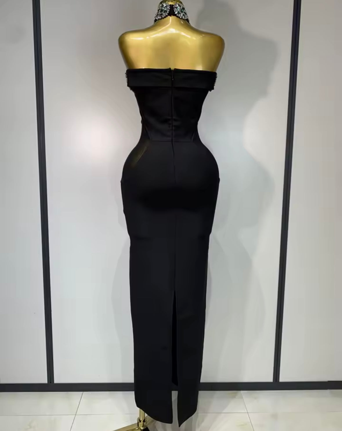 Elegant Black Crystal Rhinestone Choker Strapless Maxi Dress