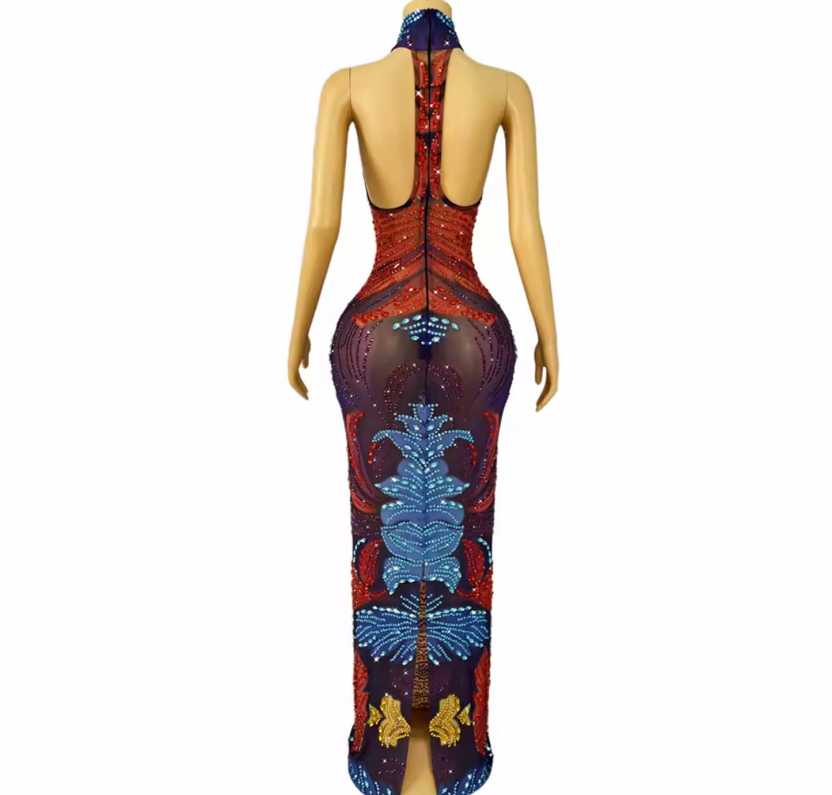 Sexy Halter Sleeveless Colorful Rhinestone Maxi Dress