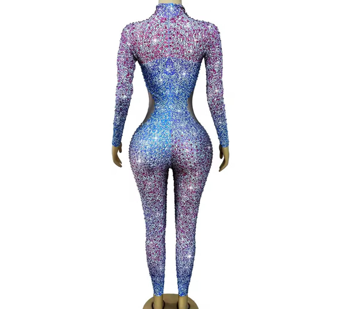 Sexy Multicolored Rhinestone Full Sleeve Jumpsuit