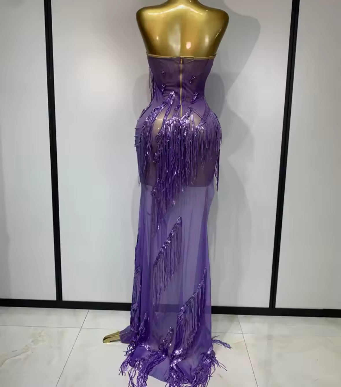 Purple Sexy Strapless Rhinestone Fringe Tassel Side Split Maxi Dress