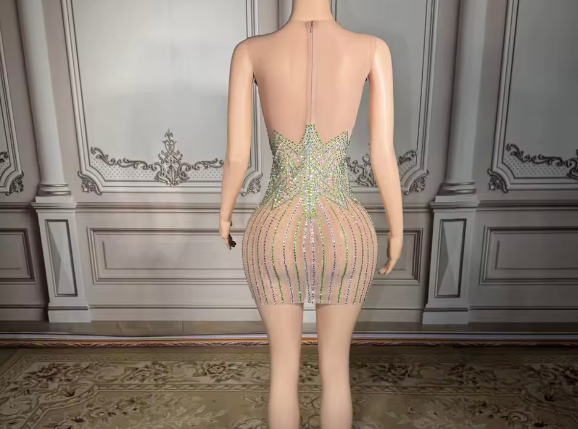 Sexy Sleeveless See Through Rhinestone Embellishment Dress