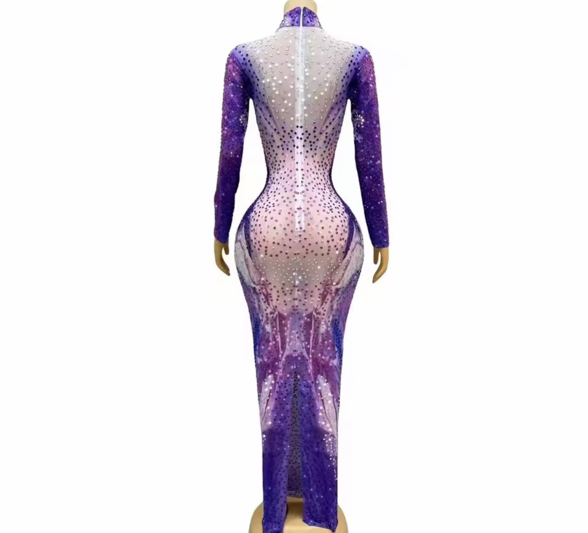 Purple Elegant Rhinestone Full Sleeve Maxi Dress