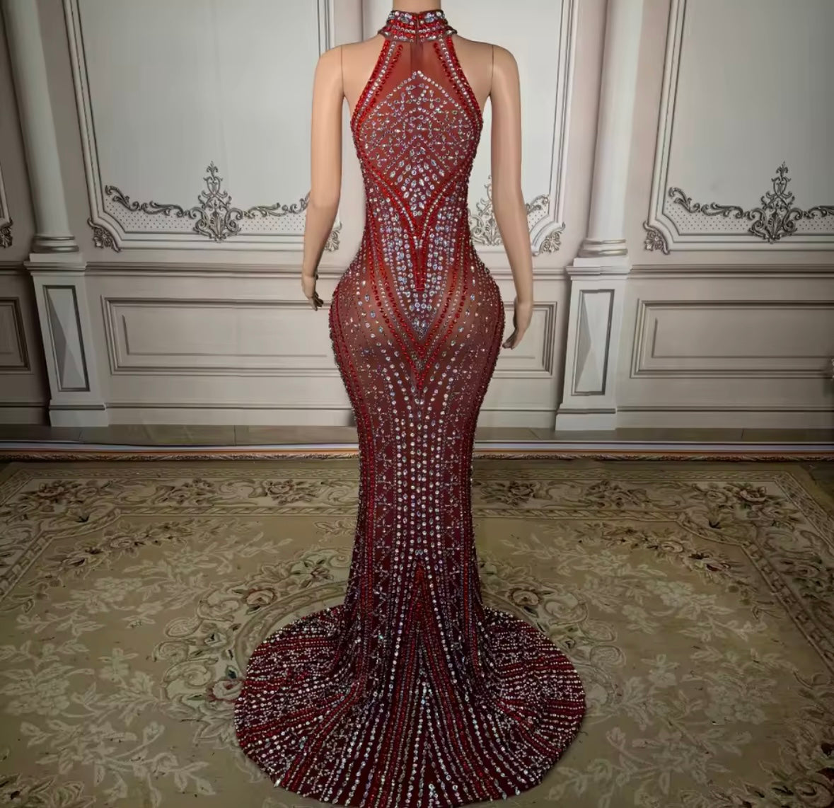 Sexy Sleeveless Red Rhinestone Embellishment Mermaid Dress