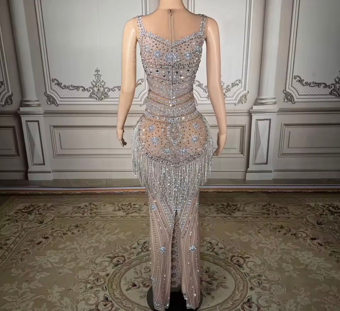 Sexy Sleeveless Rhinestone Tassel Floor-Length Dress