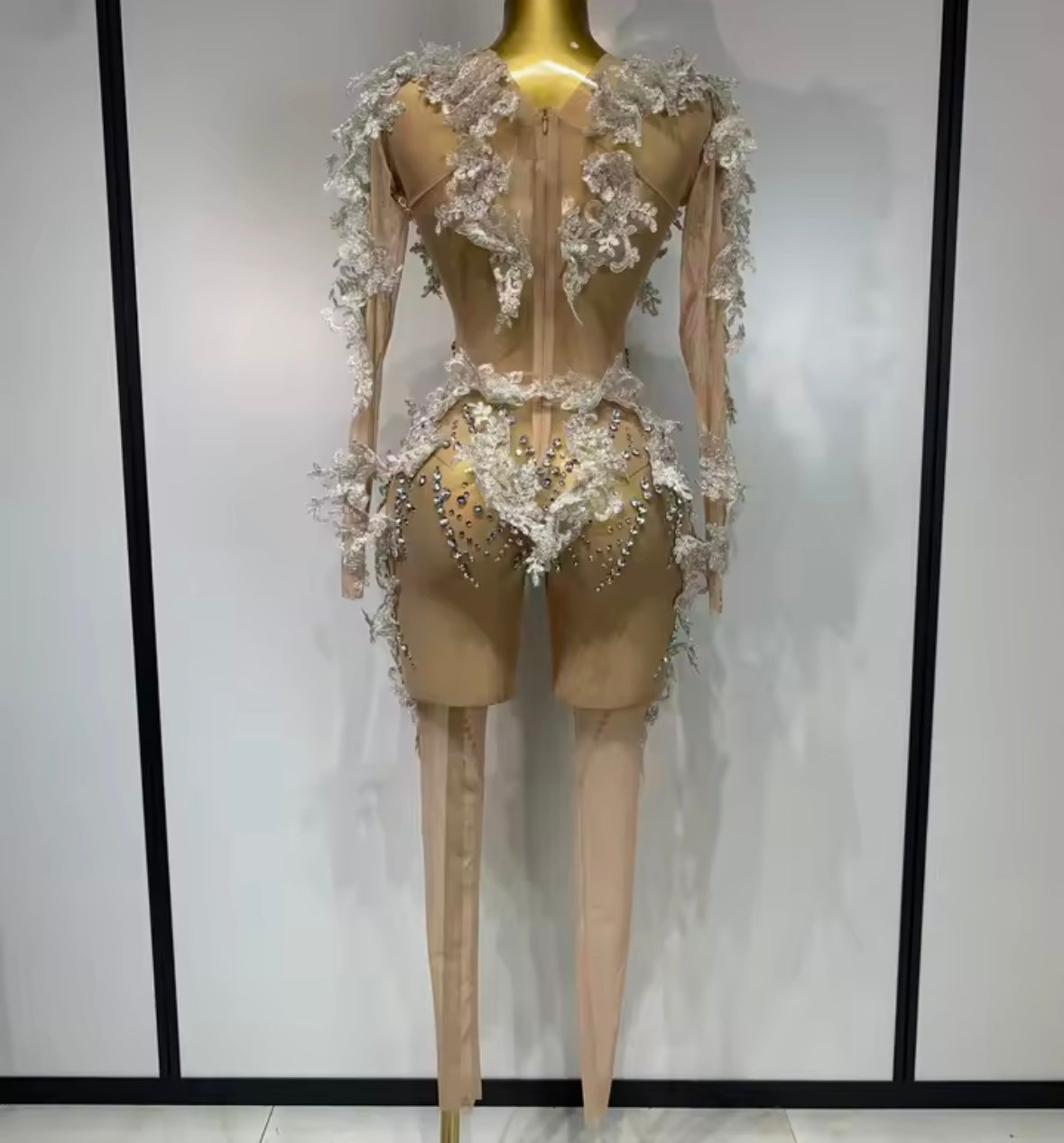 Sexy See Through Rhinestone Full Sleeve Jumpsuit