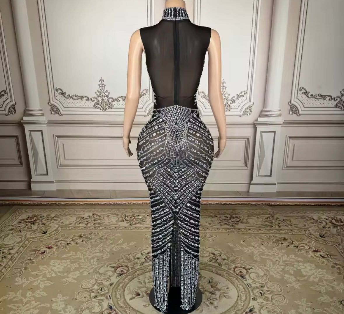 Sexy Sleeveless Black Rhinestone Embellishment Maxi Dress