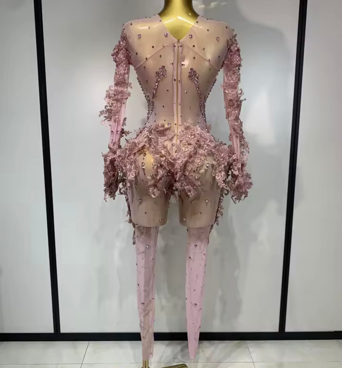 Pink Floral Lace Rhinestone Full Sleeve See Through Jumpsuit