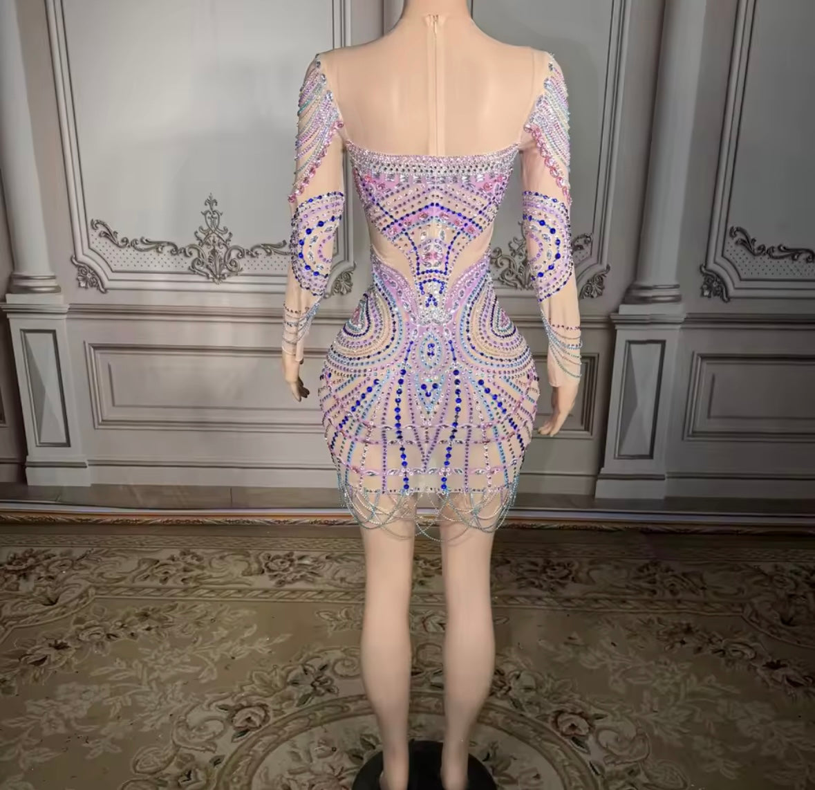 Sexy Color Rhinestone Full Sleeve See Through Dress
