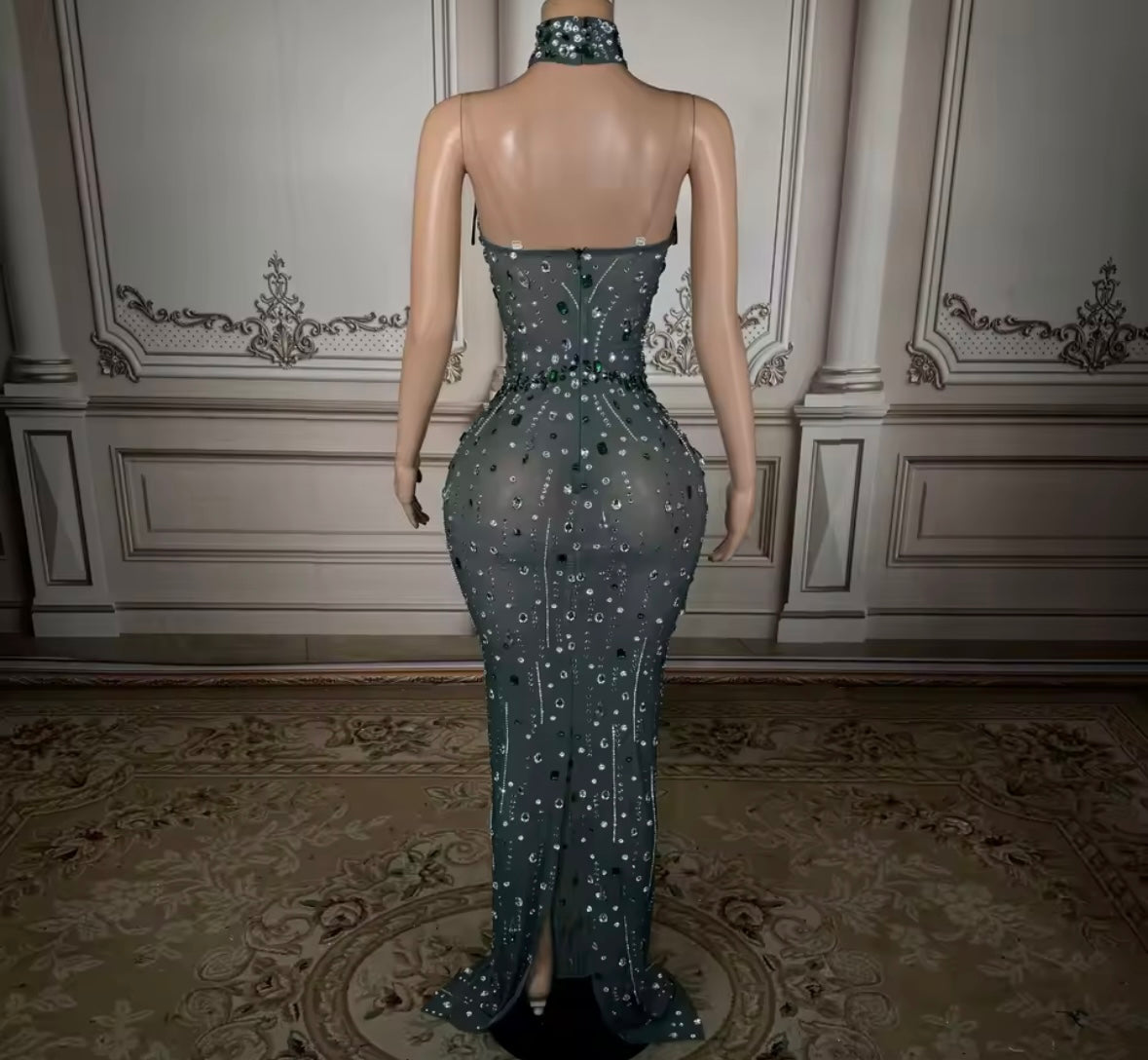 Elegant Green Choker Strapless Rhinestone Embellishment Dress
