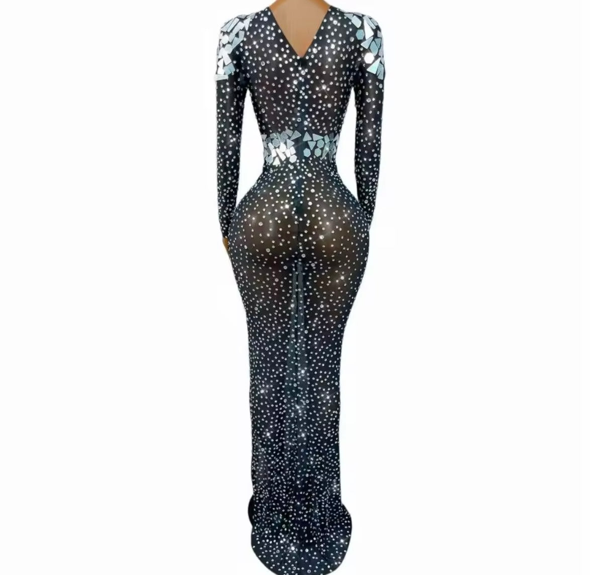 Sexy Rhinestone Mirror Black Full Sleeve Side Split Maxi Dress