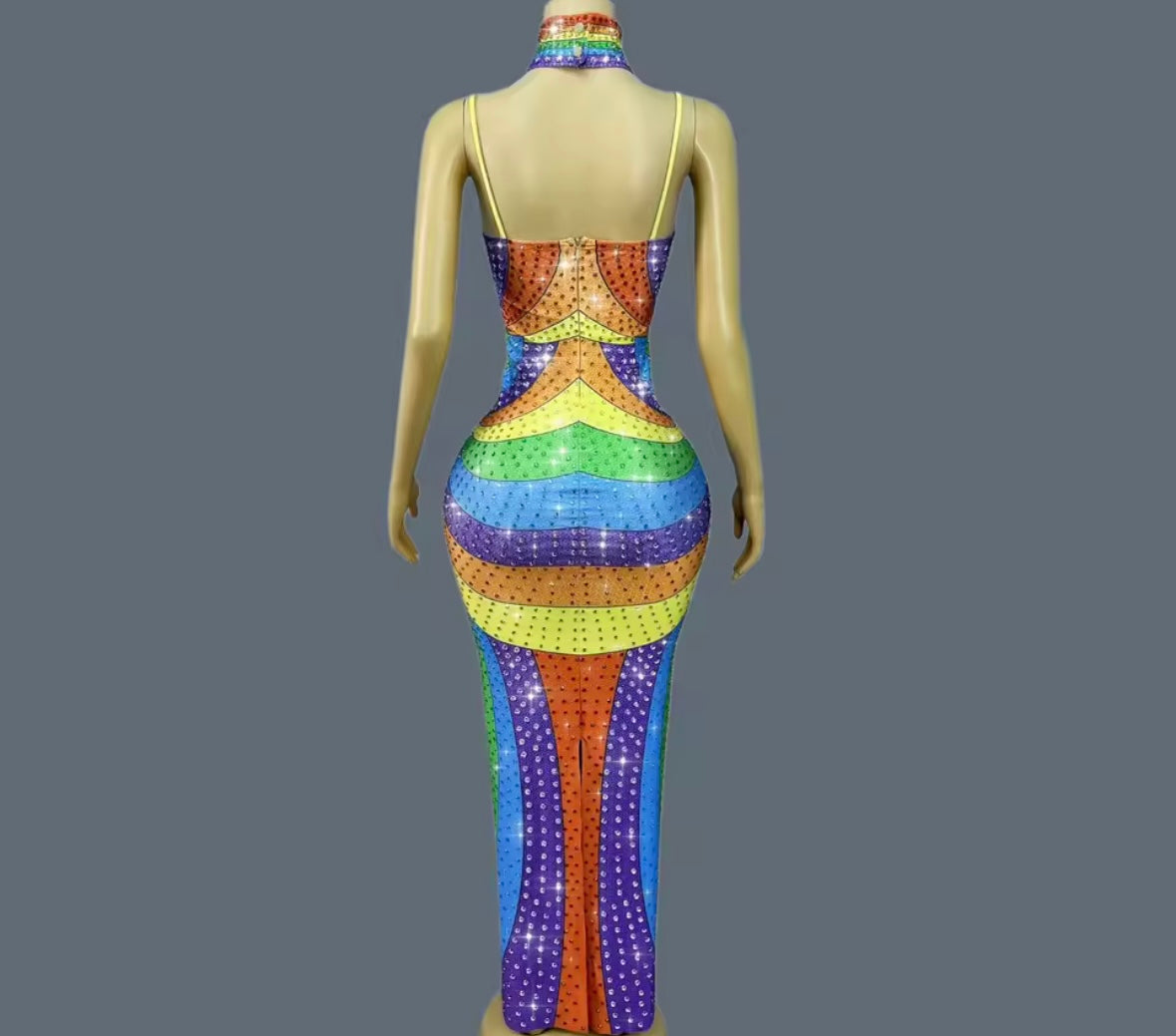 Sexy Choker Sleeveless Colorful Rhinestone Maxi Dress