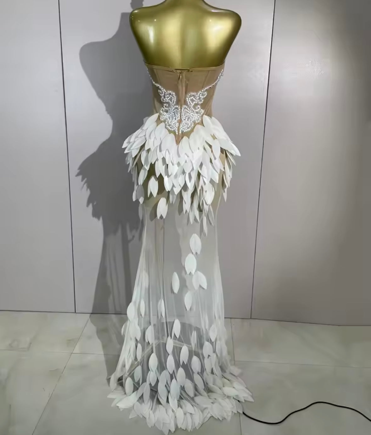 Sexy Sequins Pearl Rhinestone Strapless Side Split Maxi Dress