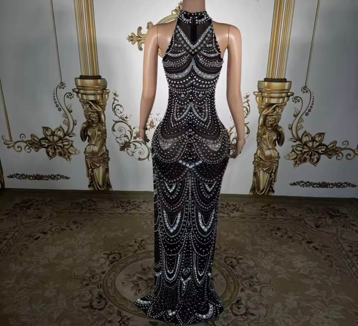 Sexy Black Sleeveless Rhinestone See Through Maxi Dress