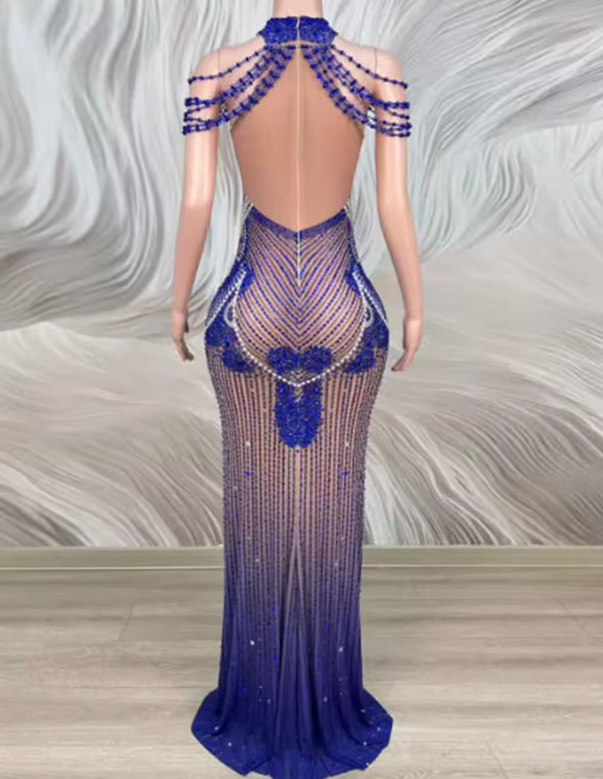 Blue Sexy Sleeveless Rhinestone See Through Maxi Dress