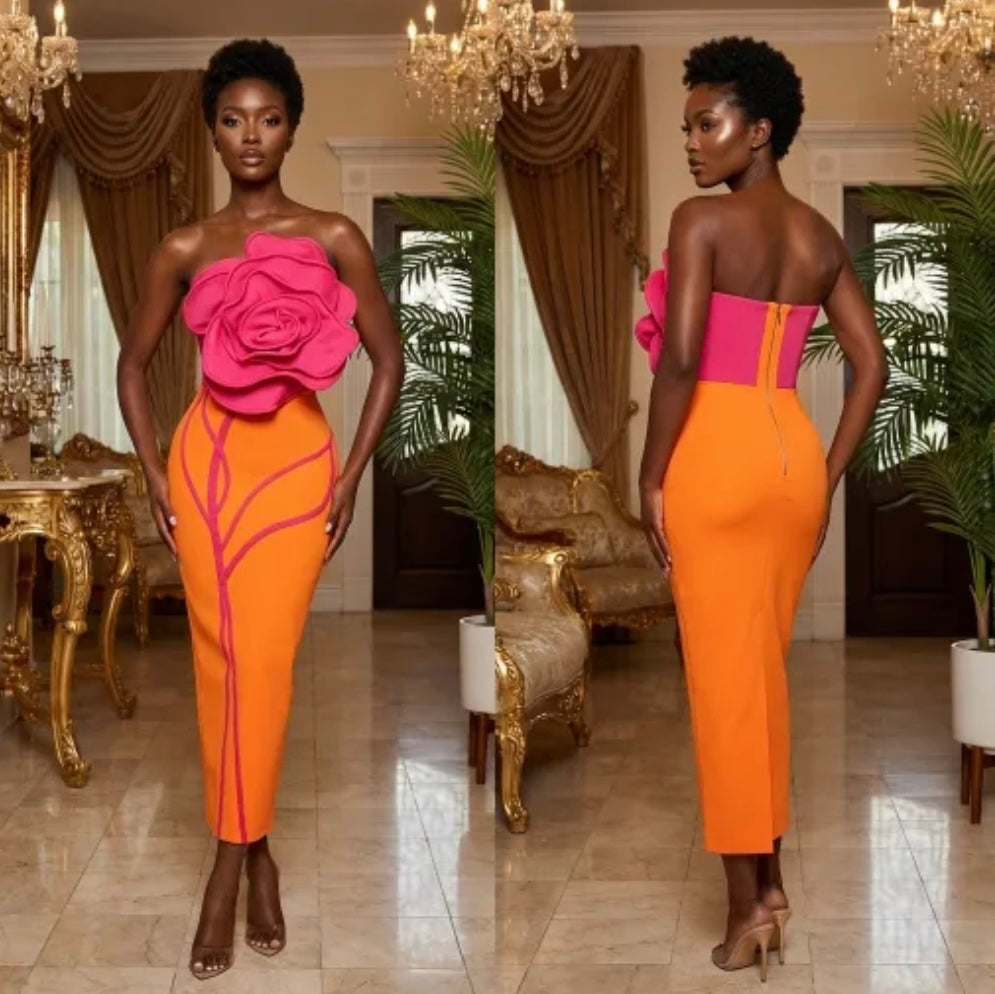 Elegant Orange Floral Strapless Floor-Length Dress