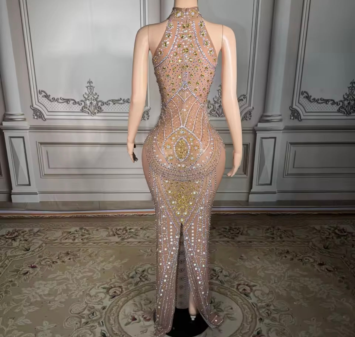 Rhinestone Embellishment Sexy Sleeveless Back Split Maxi Dress