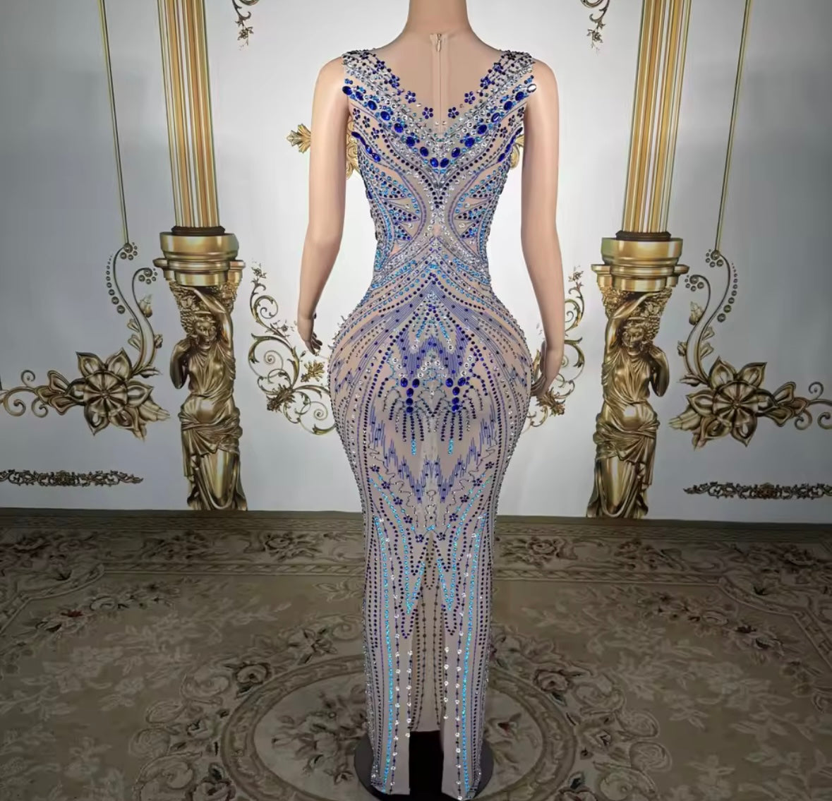 Blue Rhinestone Sleeveless Sexy See Through Maxi Dress