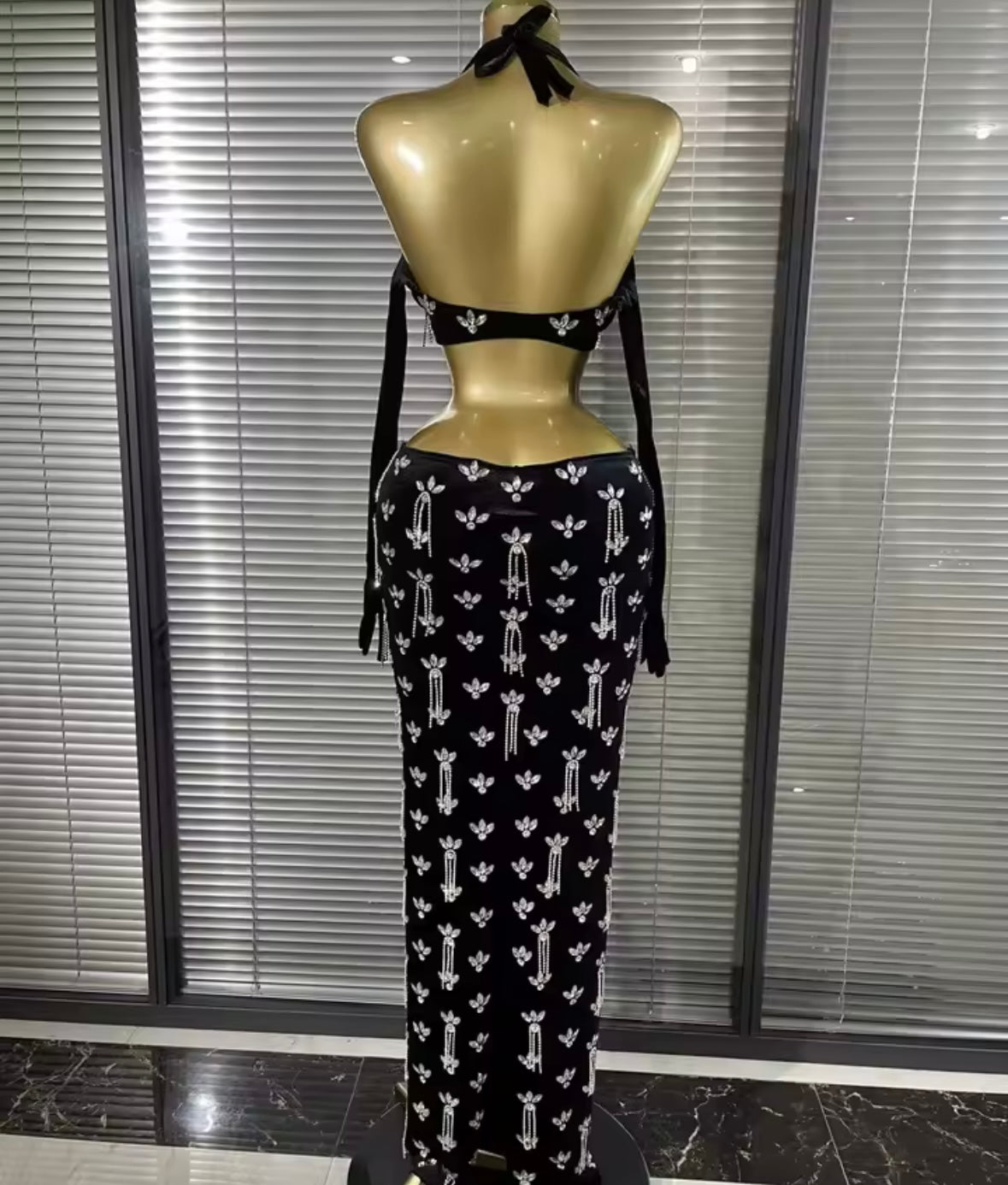 Black Sexy Halter Rhinestone Hollow Out Maxi Dress