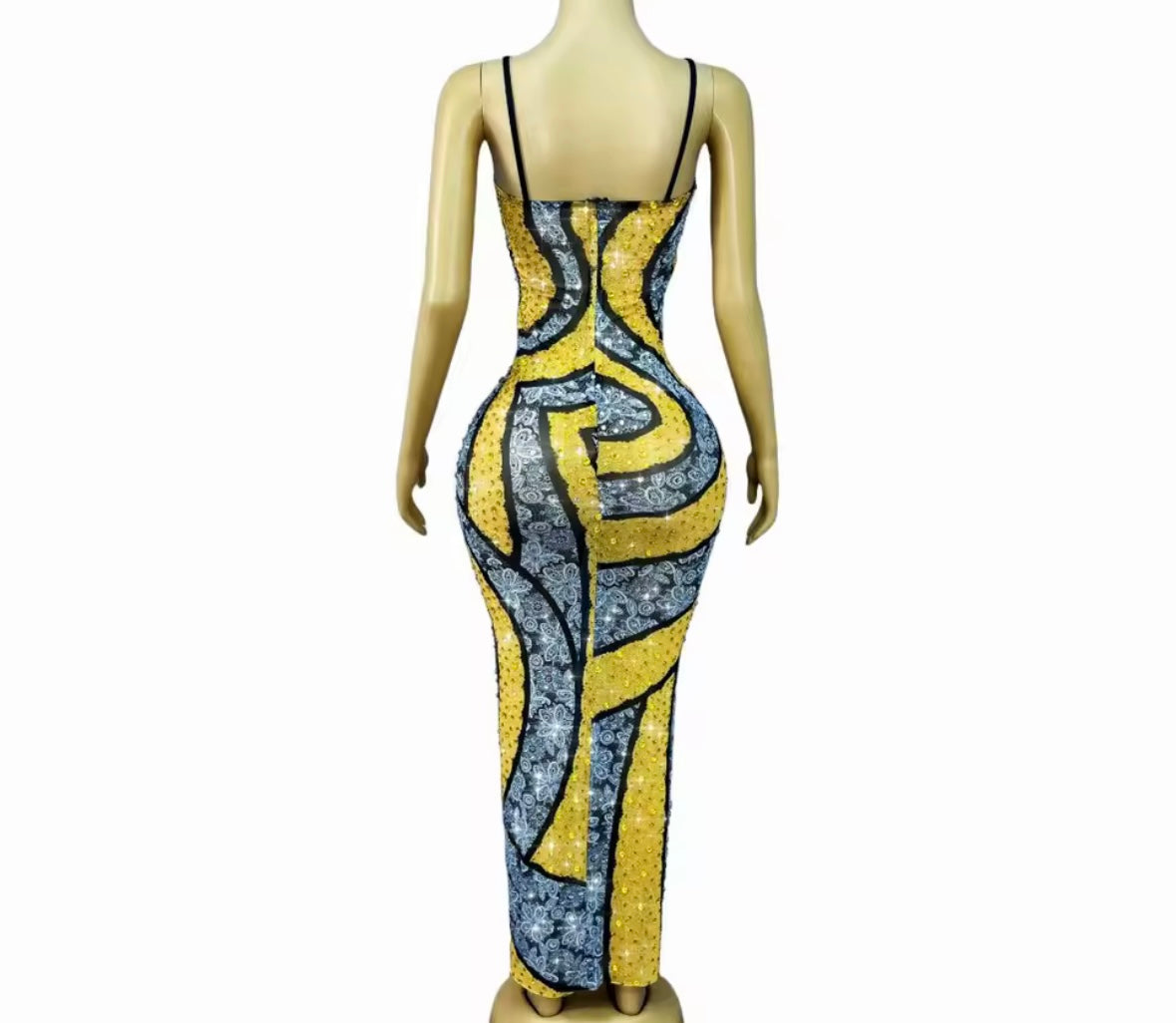 Sparkly Rhinestone Sleeveless Printed Maxi Dress
