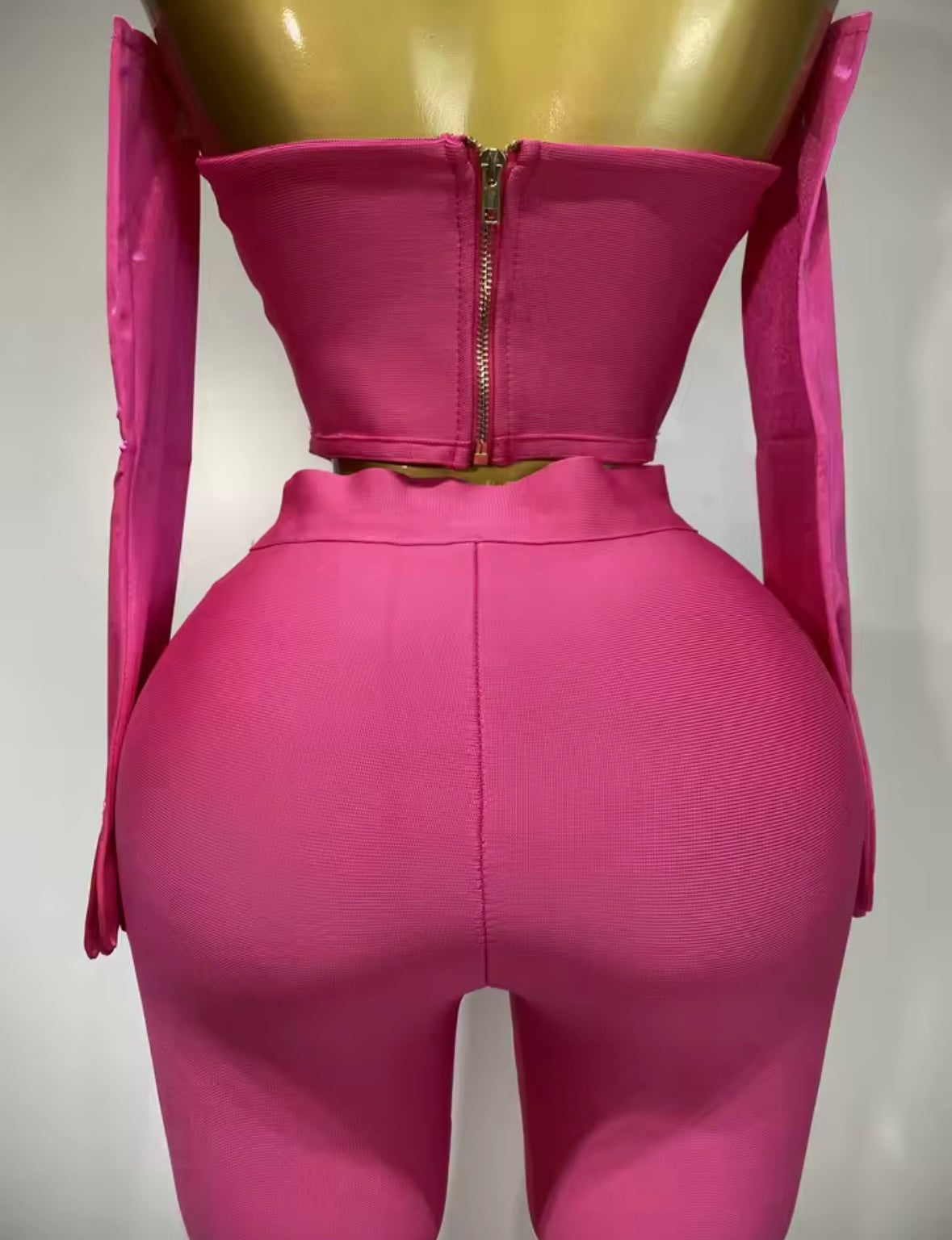 Sexy Pink Strapless Glove Full Sleeve Pant Set