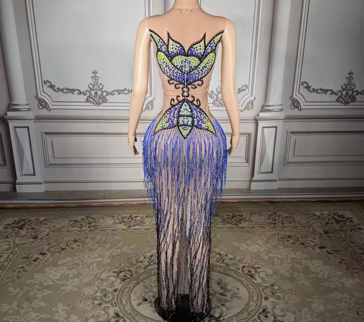 Sexy Sleeveless Rhinestone Tassel See Through Maxi Dress