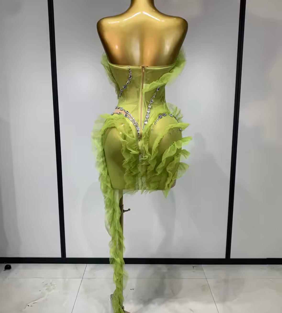 Sexy Green Ruffle Strapless Crystal Dress