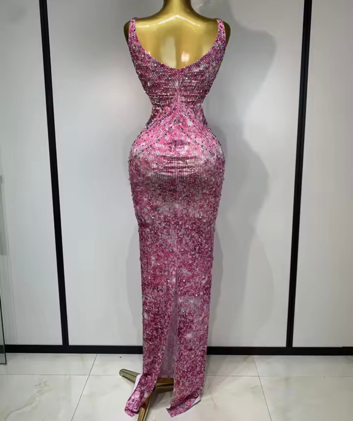 Sleeveless Pink Rhinestone Elegant Floor-Length Dress
