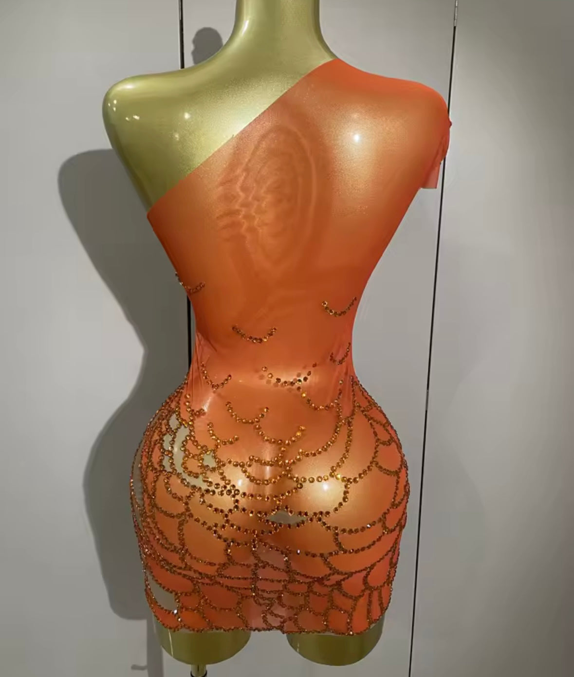 Sexy Orange One Shoulder Rhinestone Short Sleeve Dress