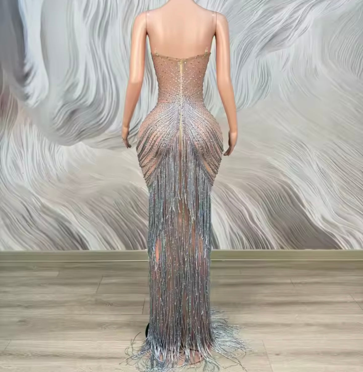 Sexy Sleeveless Rhinestone Embellishment Fringe Tassel Dress