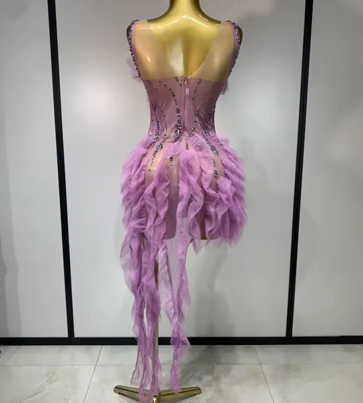 Sexy Sleeveless Lavender Ruffle Rhinestone Tassel Dress