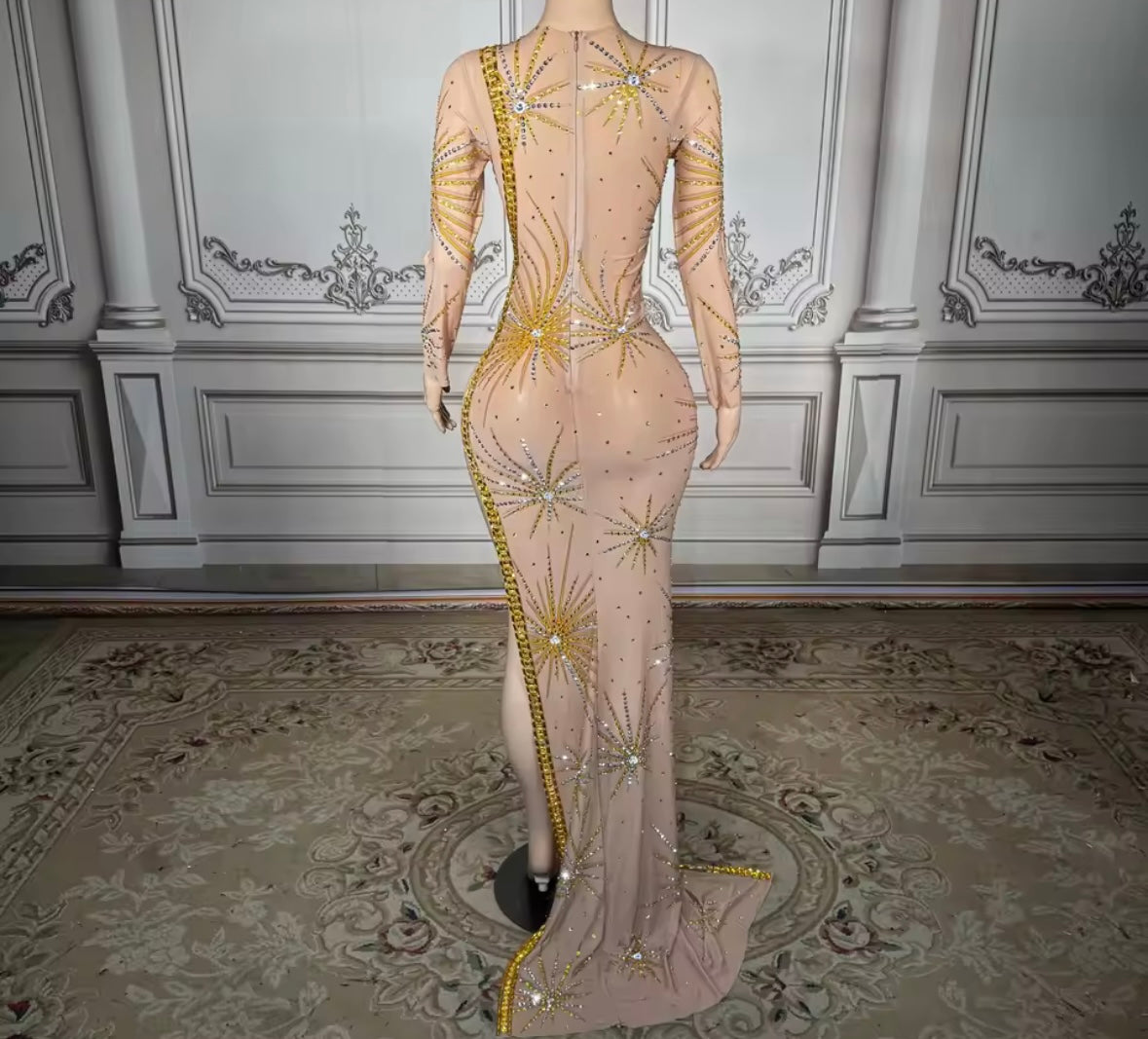 Sexy Rhinestone Embellishment See Through Side Split Maxi Dress