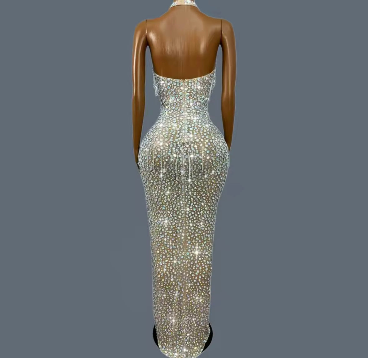 Sexy Sleeveless Rhinestone Tassel Side Split Maxi Dress