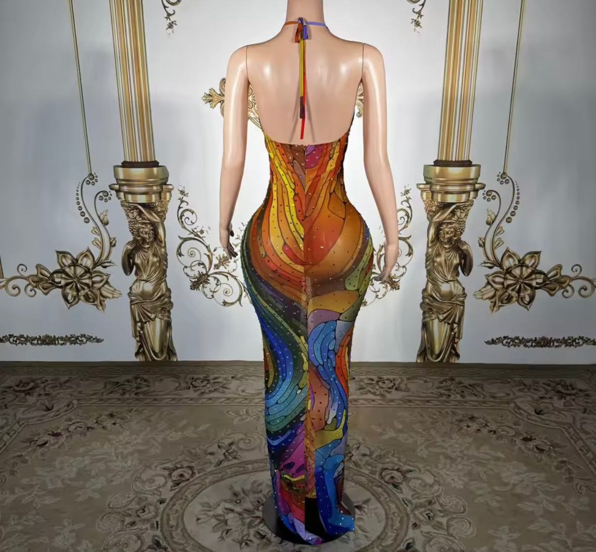 Sexy Halter Sleeveless Multicolor Print Rhinestone Maxi Dress