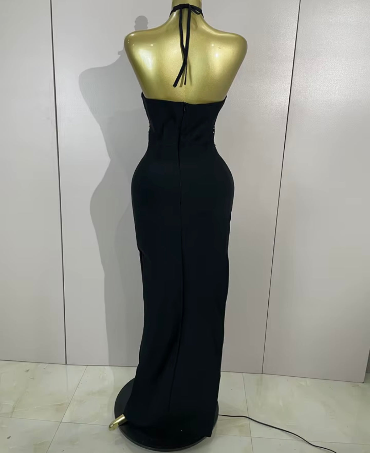 Sexy Black Beaded Halter Side Split Floor-Length Dress