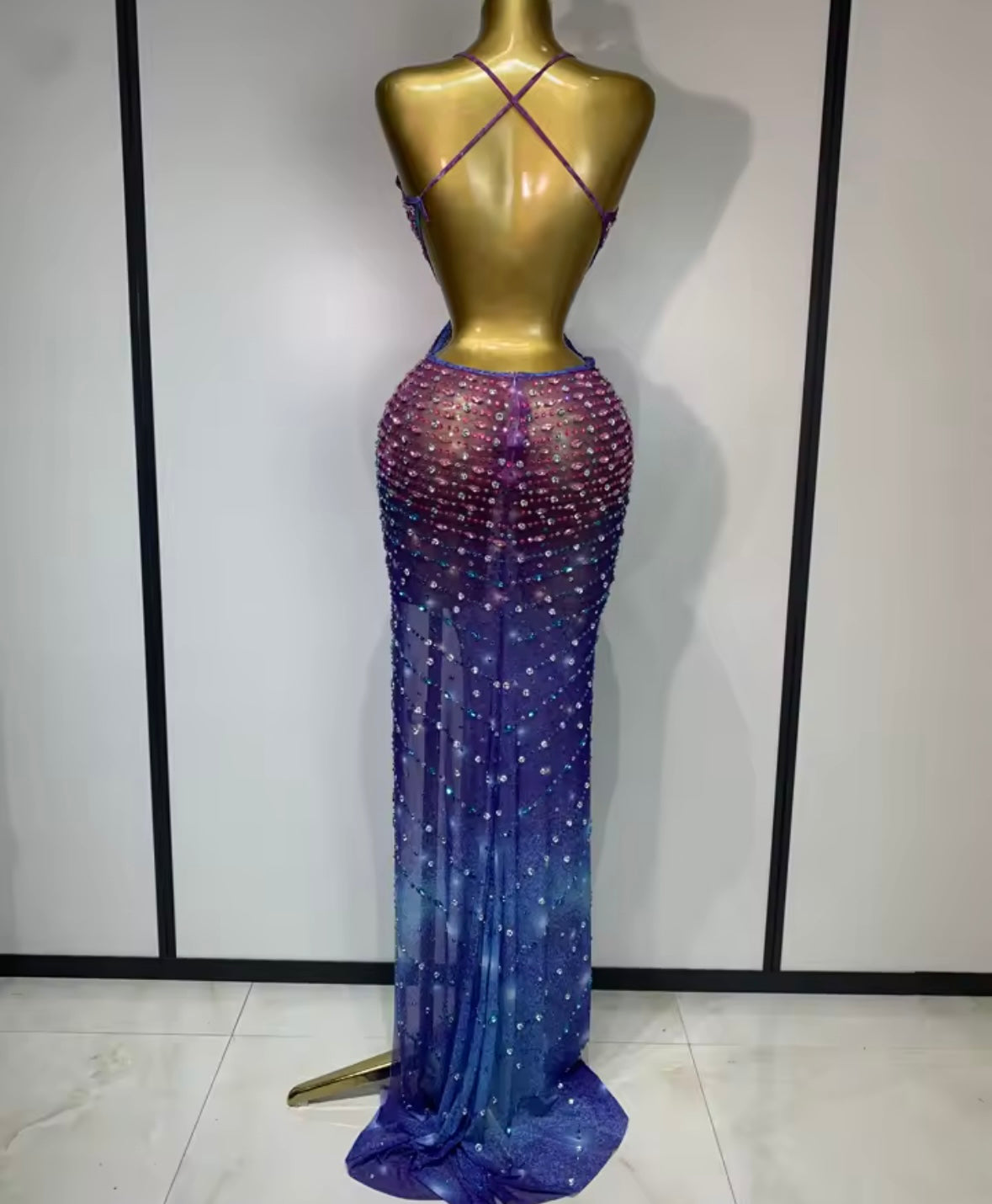 Multicolored Sexy Halter Open Back Rhinestone Side Split Maxi Dress