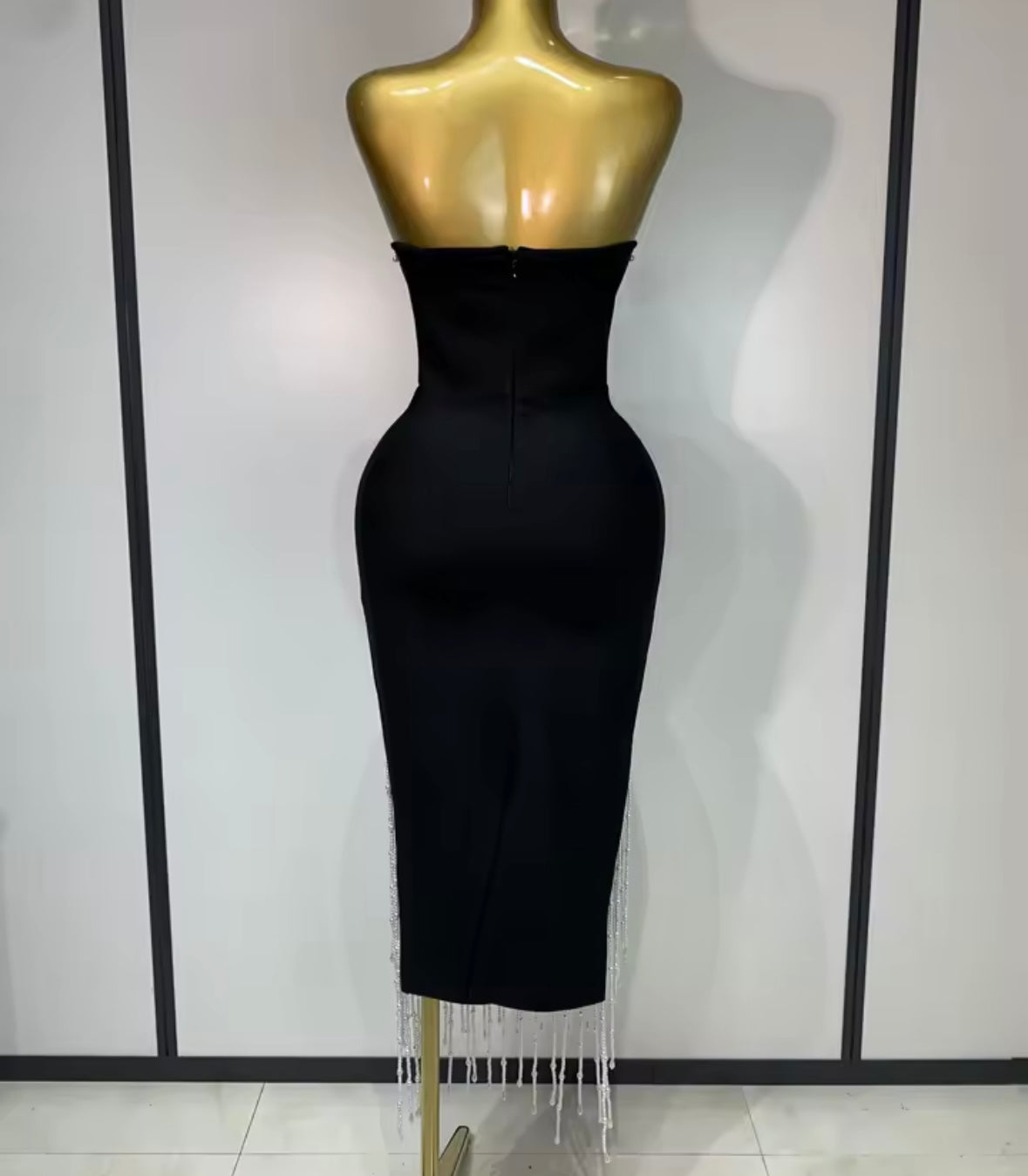 Black Strapless Elegant Pearl Rhinestone Tassel Dress