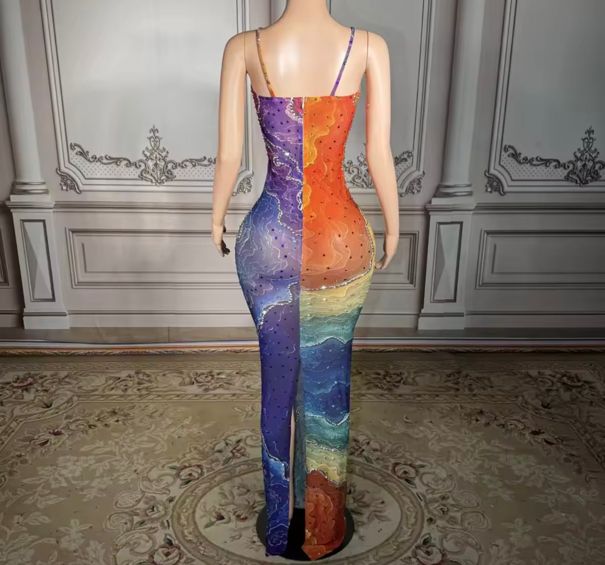 Sexy Sleeveless Multicolored Rhinestone See Through Maxi Dress