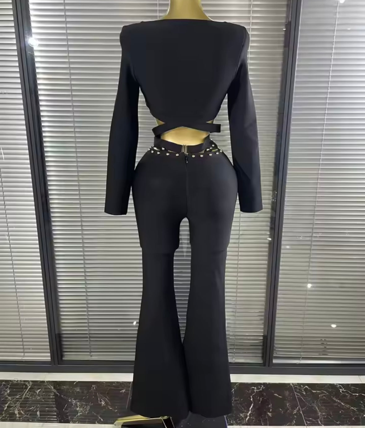 Sexy Black Rivet Full Sleeve Crop Pant Set