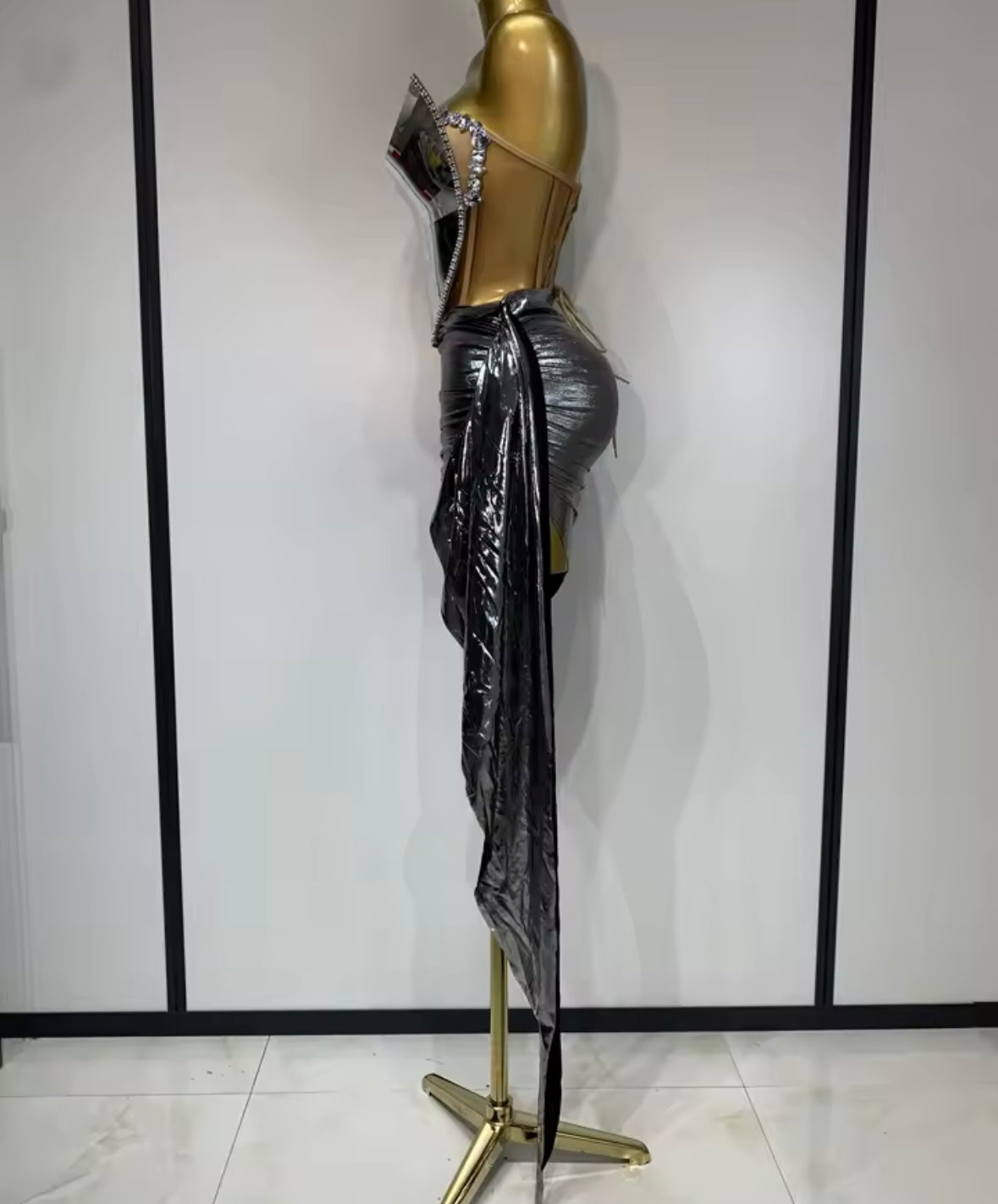 Color Rhinestone Strapless Corset Two Piece PU Tassel Skirt Set