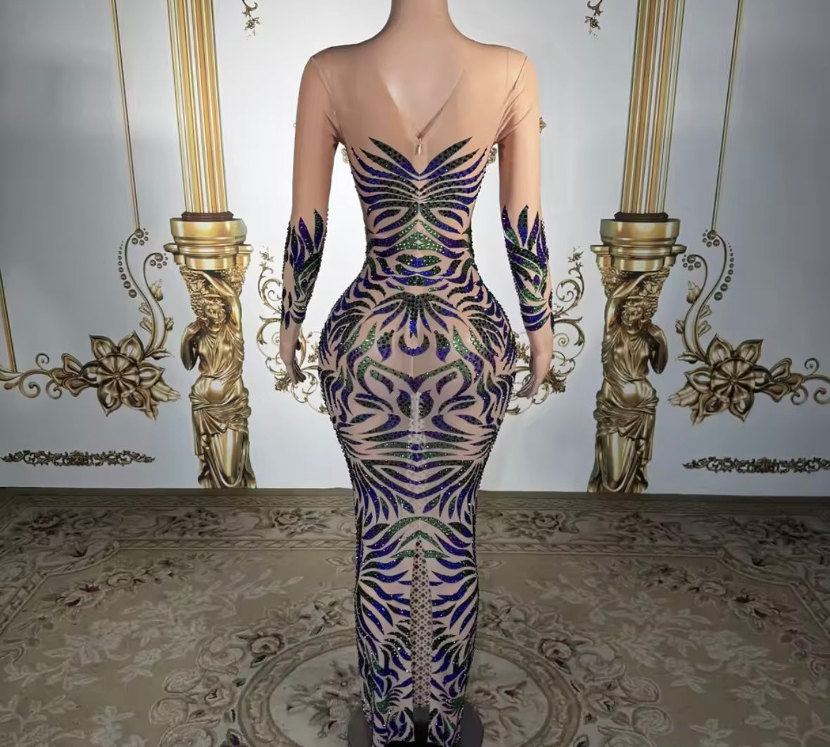 Sexy Colorful Rhinestone Full Sleeve See Through Maxi Dress