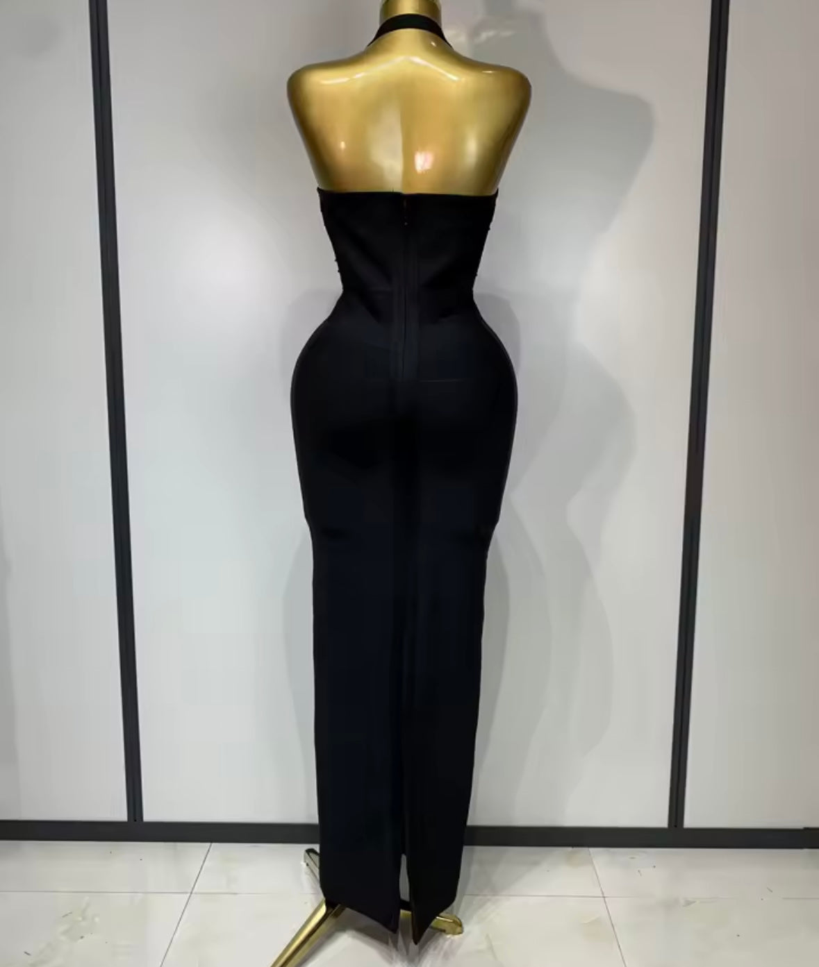 Black Sexy Halter Sleeveless Rhinestone Maxi Dress