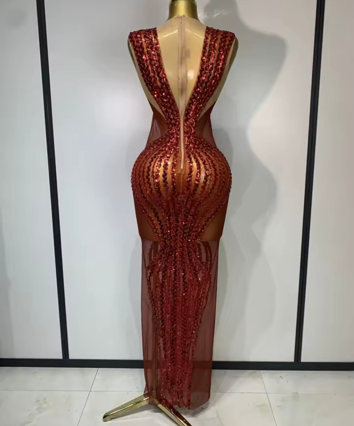 Red Sexy Sequins Sleeveless Floor-Length Dress