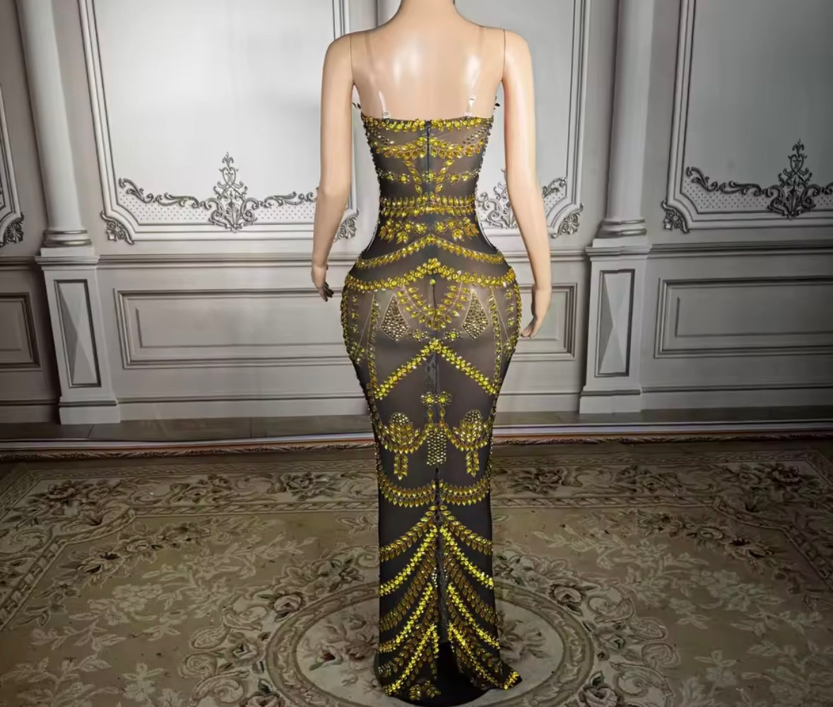 Black Sexy Sleeveless Gold Rhinestone Maxi Dress
