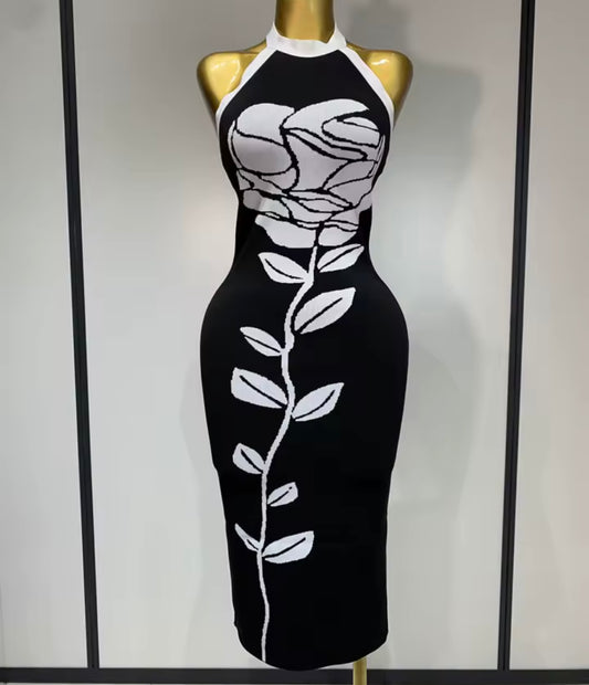 B&W Floral Print Halter Sleeveless Back Zipper Dress