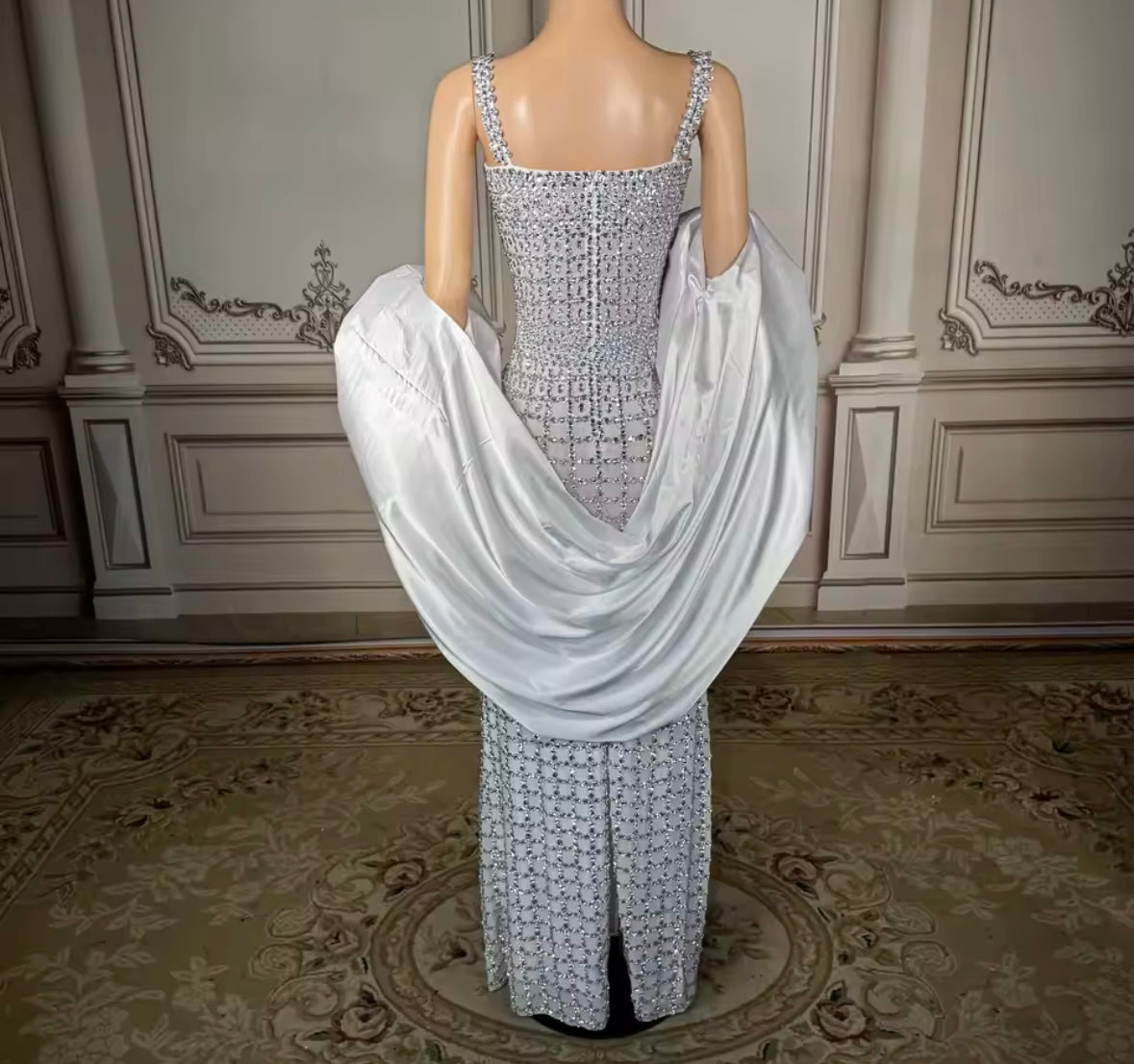 Rhinestone Embellishment Sexy Sleeveless Satin Glove Maxi Dress