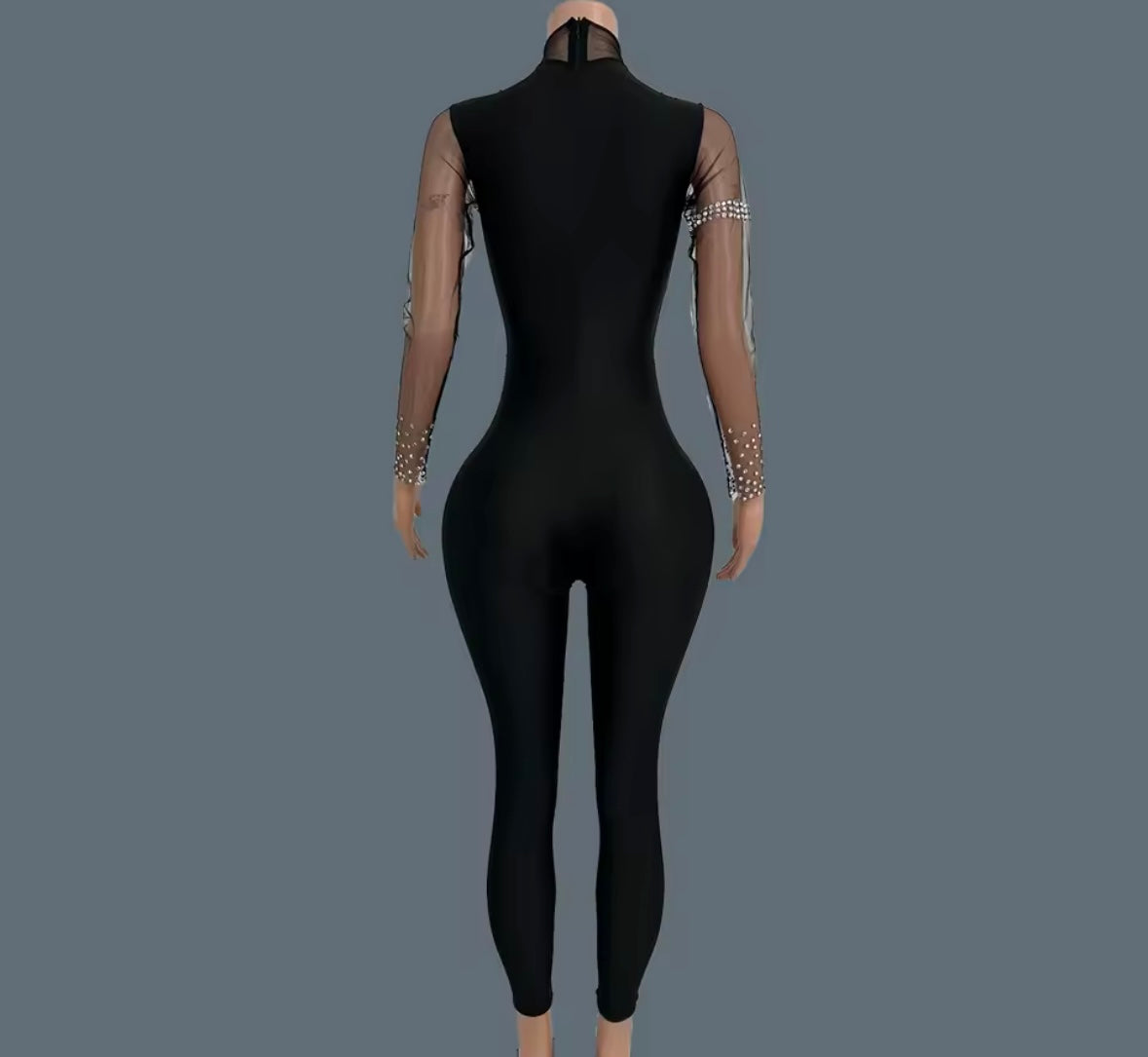 Sexy Black Rhinestone Tassel Full Sleeve Jumpsuit
